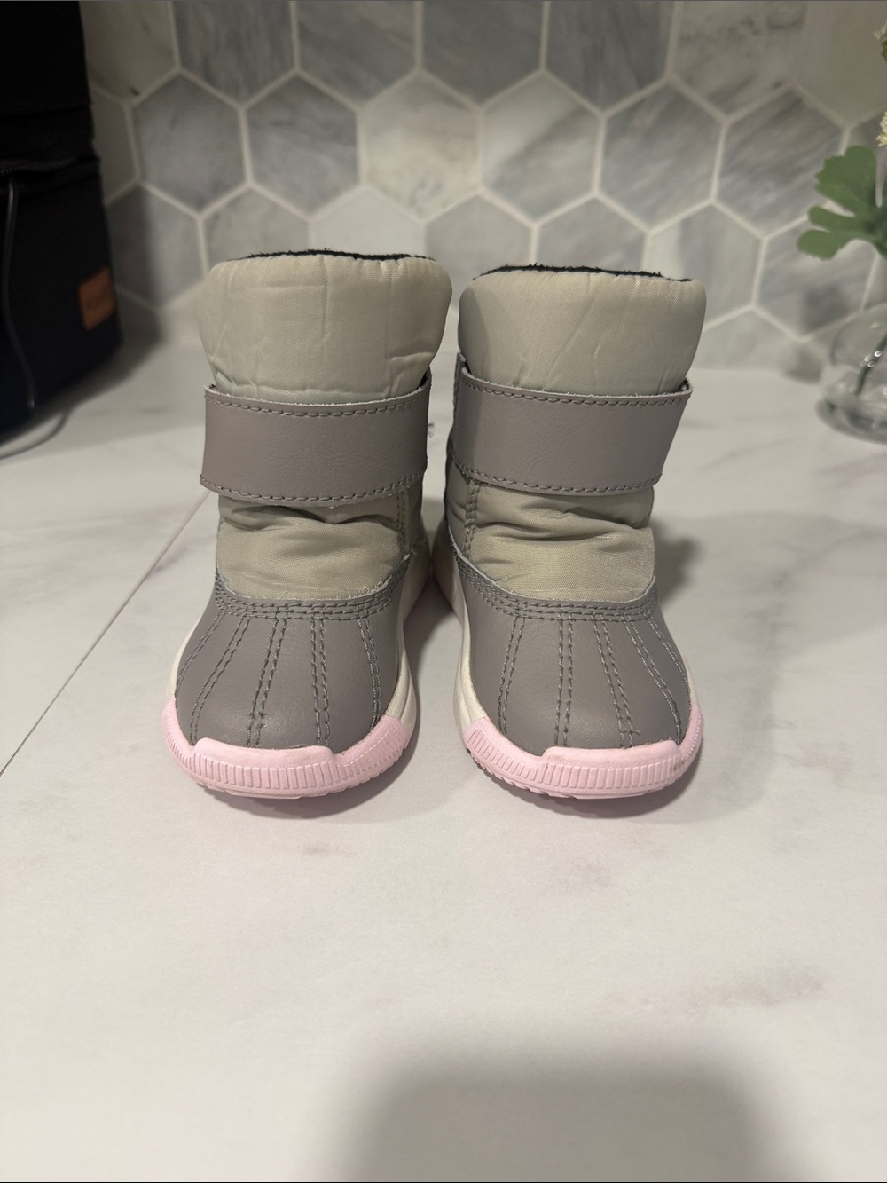 Sorel Kids Gray Boots with Pink Soles